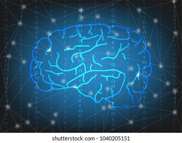 Thinking Data Processing concept. brain of man double exposure blue background number polygon line  lighting effect. brain thinking system process. technology abstract background vector illustrations