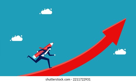 thinking and development. businessman with a pencil running on a growing arrow
