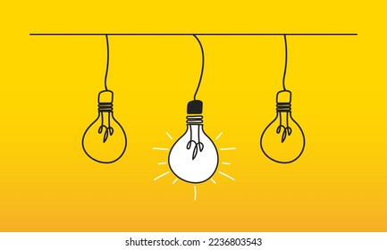 Thinking differently, standing out from the crowd. Illustration of light bulbs. Business concept, innovation, new idea, change, creative solution.