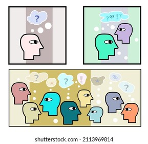 Thinking divergent, lateral, analytical  brainstorming colourful face icons development mind observation thinking skill, creative process collection set. colourful vector set.Background art for blogs.