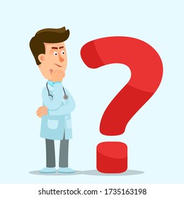 Thinking Doctor With Big Red Question Mark. Doubting, Thoughtful Physician, Confused Medic Searching The Problem Solving. Medical Vector Illustration, Flat Cartoon Style, Isolated Background.