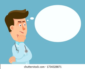 Denken Sie an einen Arzt mit Blankoblase. Zweifelsfrei Arzt, verwirrt. Vector Illustration, flache Design Cartoon Stil, isolierter Hintergrund.