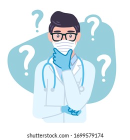 Thinking Doctor in gloves. Masked Medical male personage in glasses with a curious expression, confused, wonder. Worried character isolated vector illustration in cartoon flat style.