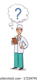 Thinking doctor holds tablet isolated person. Therapist in uniform is standing, looking for solution to medical diagnosis, question mark above his head in bubble. Vector character illustration