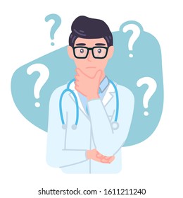 Thinking Doctor. Medical male personage in glasses with a curious expression, confused, wonder. Worried character isolated vector illustration in cartoon flat style.