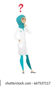 Pensar en el doctor con signo de interrogación. Un doctor con signo de interrogación. Joven doctor musulmán mirando el signo de interrogación sobre su cabeza. Ilustración de dibujos animados de vectores aislados en fondo blanco.