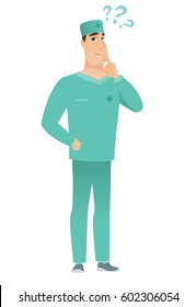 Thinking doctor with question marks. Thoughtful doctor with question marks. Young doctor in uniform looking at question marks above head. Vector flat design illustration isolated on white background.