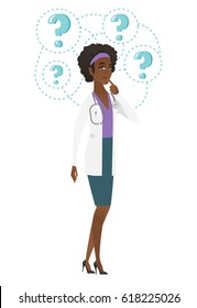 Thinking doctor with question marks. Thoughtful doctor with question marks. Doctor in medical gown looking at question marks above head. Vector flat design illustration isolated on white background.