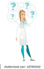 Pensar en el doctor con signos de interrogación. Un doctor reflexivo con signos de interrogación. Médico en traje médico mirando los signos de interrogación por encima de la cabeza. Ilustración de diseño plana vectorial aislada en fondo blanco.
