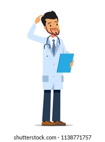 Thinking doctor standing with clipboard on a white background. Cartoon vector character.