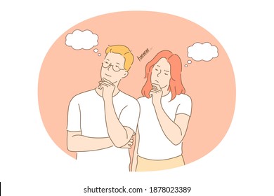 Thinking and doubt concept. Young teen couple standing, feeling frustrated and thinking together about something looking aside vector illustration. Thoughts ideas pensive people 