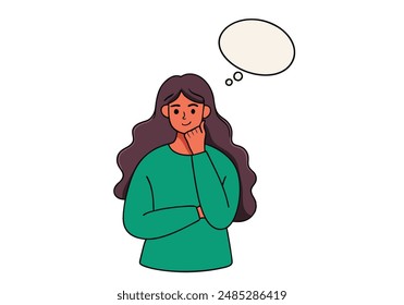 pensamiento, duda, concepto del problema. Joven pensativa pensativa confundida mujer dudosa chica. Ilustraciones de diseño de Vector dibujado a mano.
