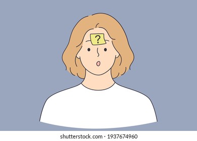 Thinking, doubt, question sign concept. Frustrated Thinking woman cartoon character standing with question mark on forehead feeling doubt having no answer vector illustration 