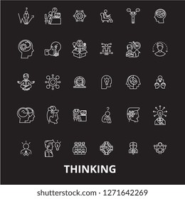 Thinking editable line icons vector set on black background. Thinking white outline illustrations, signs, symbols