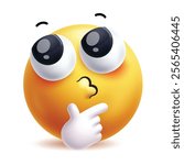 Thinking emoji clipart 3d character. Emoji doubt, pondering, curious, question, glance, uncertain and confusion yellow round face in white background. Vector illustration thought emoticon clip art.
