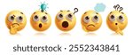 Thinking emojis clipart characters set. Emoji 3d character in curious, confused, guess, sad, shock and serious facial expression yellow round graphic elements collection. Vector illustration thinking 