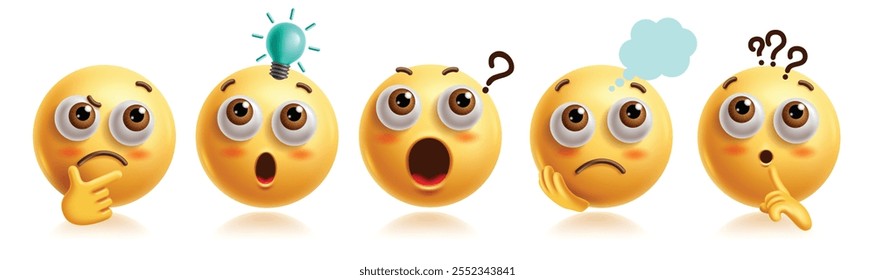 Thinking emojis clipart characters set. Emoji 3d character in curious, confused, guess, sad, shock and serious facial expression yellow round graphic elements collection. Vector illustration thinking 