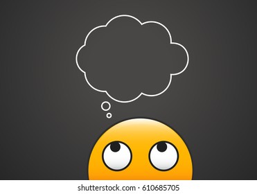 Thinking emoticon with thinking bubble above his head. Background representing a dark chalkboard. Vector editable illustration