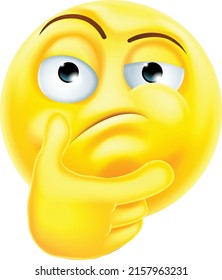 A thinking emoticon cartoon icon character with their hand on their chin