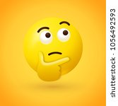 Thinking face emoji - emoticon face shown with a single finger and thumb resting on the chin glancing upward on yellow background