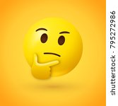 Thinking face emoji - emoticon face shown with a single finger and thumb resting on the chin glancing upward on yellow background