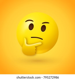 Thinking face emoji - emoticon face shown with a single finger and thumb resting on the chin glancing upward on yellow background - Shutterstock ID 795272986
