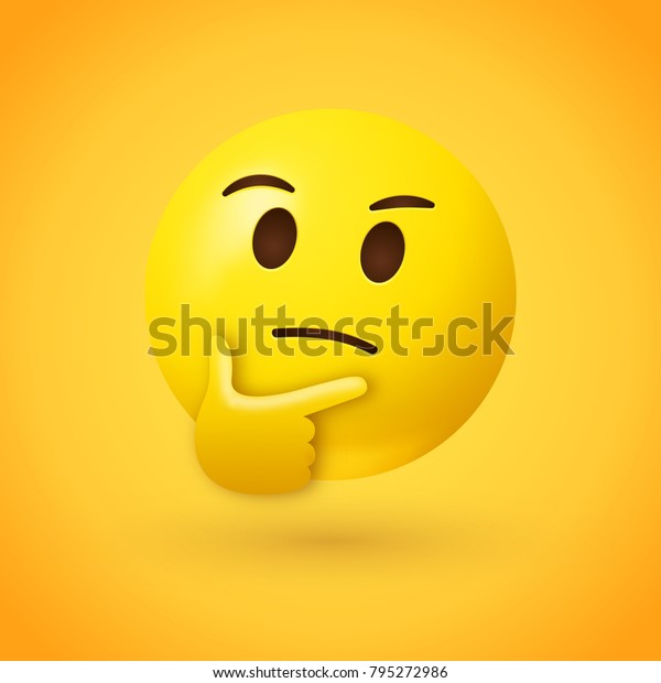 Thinking face emoji - emoticon face shown with a single finger and thumb resting on the chin glancing upward on yellow background