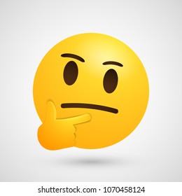 	
Thinking face emoji in modern style - emoticon face shown with a single finger and thumb resting on the chin glancing upward on white background. Vector illustration - eps10 stock image