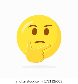 Thinking face emoji. Face shown with a single finger and thumb resting on the chin on white background. Flat style illustration