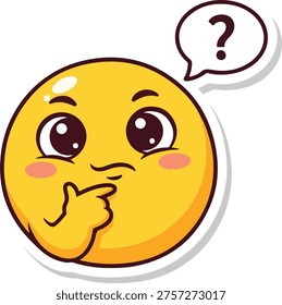 Thinking Face Emoji Sticker - Cute Cartoon Yellow Face with Question Mark in Speech Bubble Vector Illustration