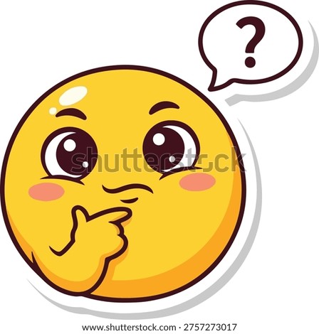 Thinking Face Emoji Sticker - Cute Cartoon Yellow Face with Question Mark in Speech Bubble Vector Illustration