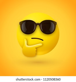 Thinking face emoji with sunglasses - emoticon face shown with a single finger and thumb resting on the chin wearing hipster sunglasses on yellow background