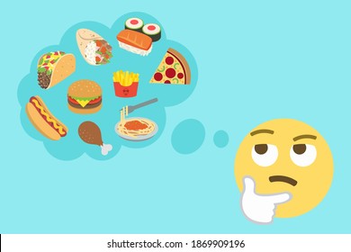 Thinking Face Emoji With Thought Bubble And Pizza,hamburger,french Fries,poultry Leg,spaghetti,hot Dog,taco,burrito And Sushi Icons On Light Blue Background,food Concept Vector Illustration