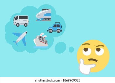 pensar cara emoji con la burbuja del pensamiento y el coche, el avión, el autobús, el barco y los iconos del tren de alta velocidad en fondo azul claro, ilustración del concepto de viaje