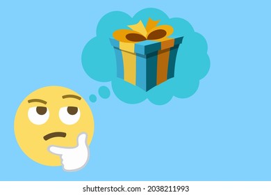 thinking face emoji and thought bubble with wrapped present on light blue background,concept vector illustration