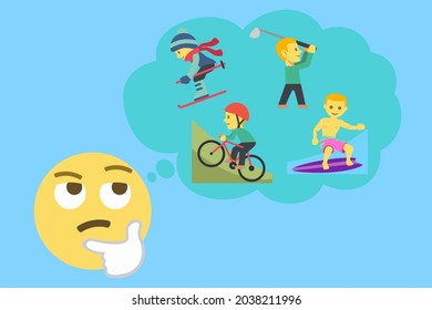 burbuja de pensamiento y rostro pensante con ciclista de montaña, esquiador, golfista y surfista sobre fondo azul claro, ilustración de vector conceptual