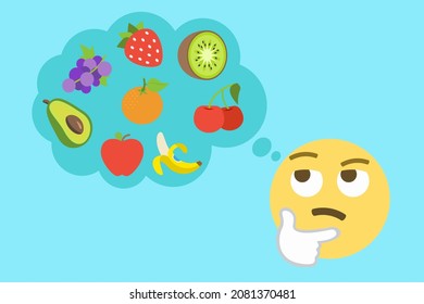 thinking face emoji and thought bubble with fruits on light blue background,decisions,choice concept,vector illustration