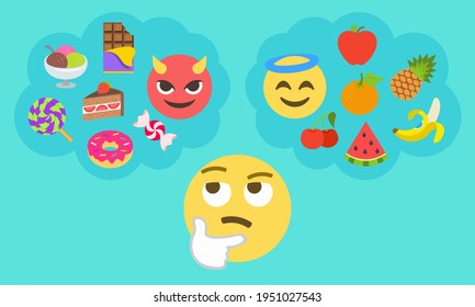 thinking face emoji and two thought bubbles with angel face and fruits on the right and devil face with sweet food on the left,choice,decisions,life balance,lifestyle concept vector illustration