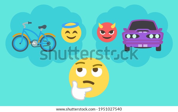 thinking\
face emoji and two thought bubbles with angel face and bike on the\
left and devil face with car on the right,choice,decisions,life\
balance,lifestyle concept vector\
illustration