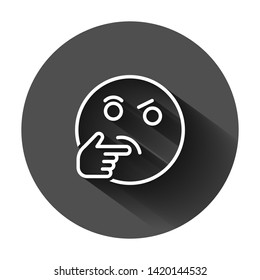 Thinking face icon in flat style. Smile emoticon vector illustration on black round background with long shadow. Character business concept.