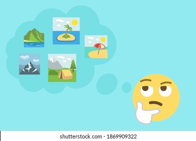 burbuja de pensamiento y rostro pensante con camping, montaña, lago, playa e íconos de isla sobre fondo azul claro, concepto de vacaciones ilustración vectorial