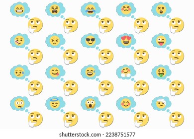 thinking face and thought bubble with emoji faces,embossed effect pattern on white background,icon set,vector illustration
