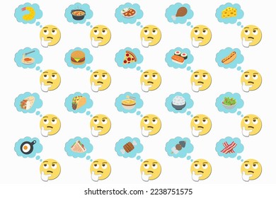 thinking face and thought bubble with food icons,embossed effect pattern on white background,emoji icon set,vector illustration