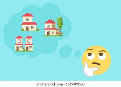 thinking face with thought bubble and three icons of different houses on light blue background,real estate concept vector illustration
