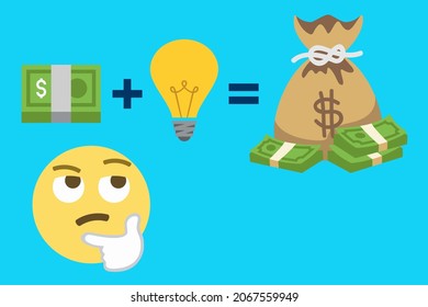 thinking face,dollar banknotes,light bulb,money bag,plus and equal sign on blue background,money and idea emoji concept,vector illustration svg