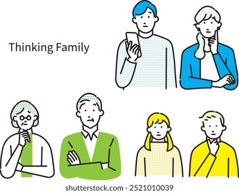 Thinking family - questions - questions - negative facial expression - vector people set icon set illustration