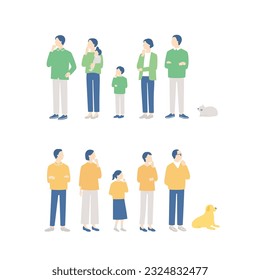 Thinking family set. Grandparents, parents, children, grandchildren and pet. simple full body illustration
