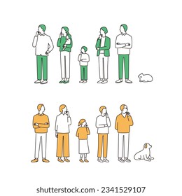 Thinking family set. Grandparents, parents, children, grandchildren and pet. simple full body illustration