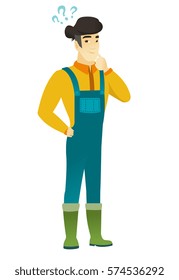 Thinking farmer with question marks. Thoughtful farmer with question marks. Farmer in coveralls looking at question marks above his head. Vector flat design illustration isolated on white background.