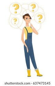 Thinking farmer with question marks. Thoughtful farmer with question marks. Farmer with finger on chin and question marks above her head. Vector flat design illustration isolated on white background.
